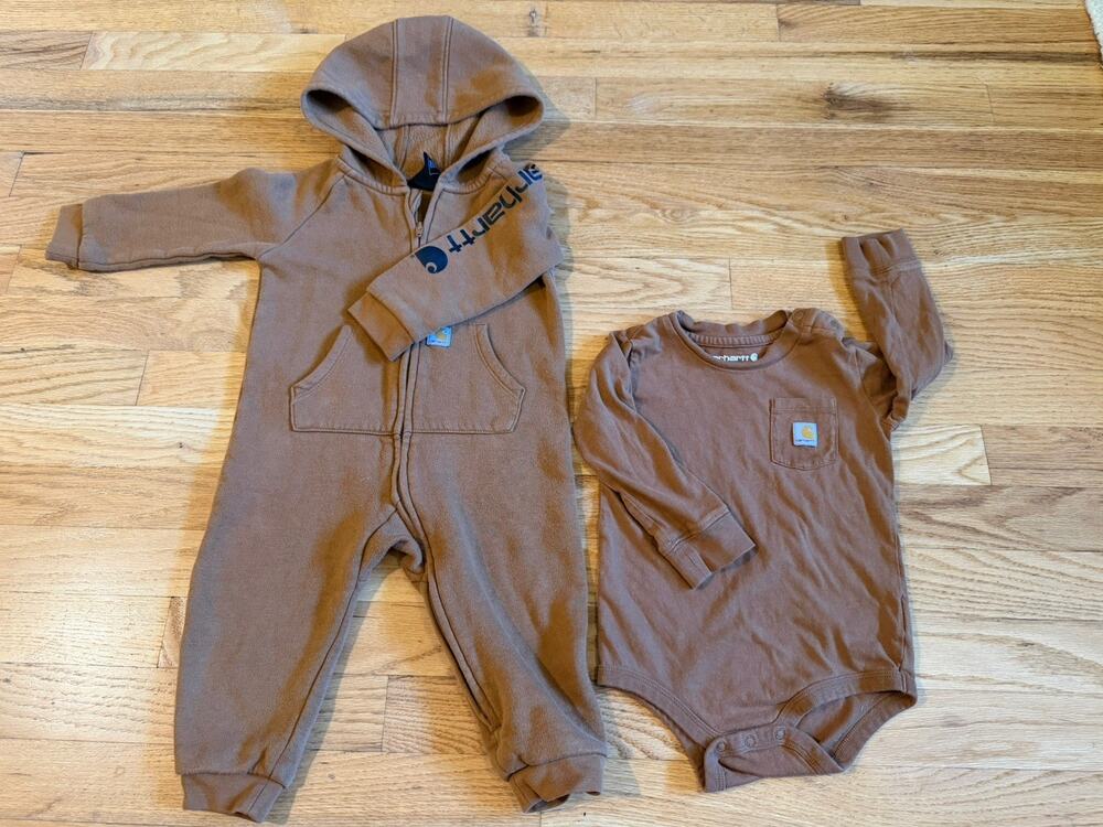 Carhartt Baby Brown Hooded Coverall 12M + Long Sleeve Bodysuit 18M 2 Piece Lot